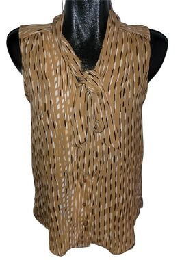Jones & Co Sleeveless Light Golden Brown Patterned Tie-Neck Blouse Size S